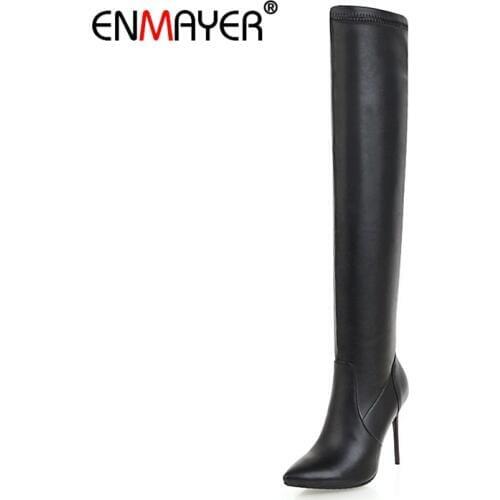 ENMAYER Woman Over The Knee High boots Winter Causal Pointed toe Slip on Stretch thigh High boots Slip on Black Size33-46 CR1474
