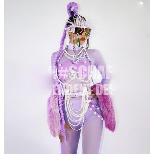 Purple wig Nightclub Bar GOGO Womens Fashion Love Corset Pearl Chain DS Tour Costume
