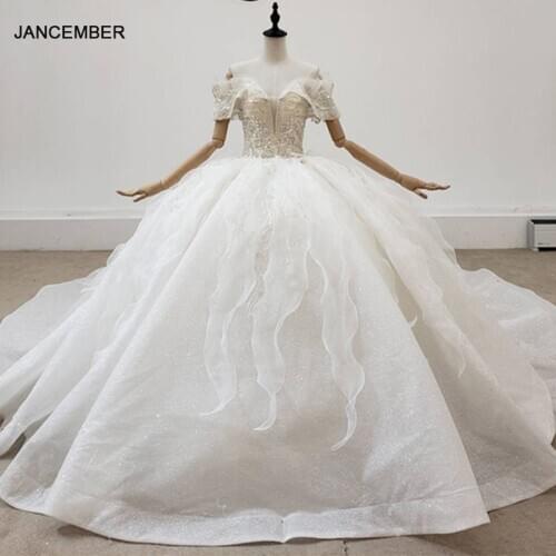 HTL2099 Short Sleeve Luxurious Sexy V-Neck Crystal Beading Sequined Wedding Dress 2021 For Woman Ball Gowns