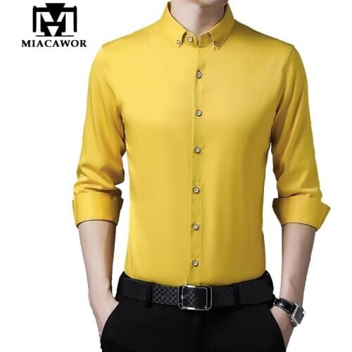 MIACAWOR New White Dress Shirts Men Classic Solid Color Long Sleeve Men Shirt Yellow Shirt Slim Fit Camisa Masculina C694
