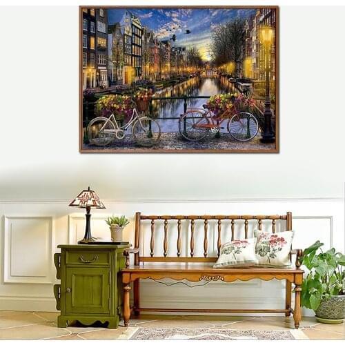 DIY Oil Painting Paint By Numbers Sweet Love Night Riverside Landscape Kit