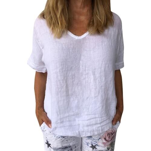 Plus Size Cotton Linen Shirt Soild O-neck Tunic Tops Short Sleeve Summer Blouses Casual Loose Blouse Women Elegant Chemise Femme