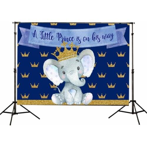 Blue Royal Baby Shower Party Backdrops Prince Grey Elephant Peanut Banner Photo Background Crown Celebrating Scene Setter Poster