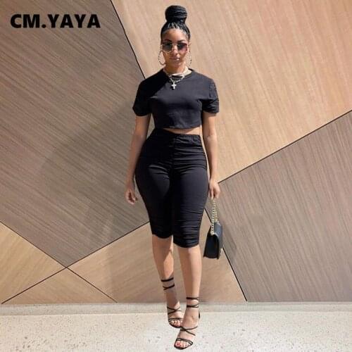 CM.YAYA Women Set Solid Short Sleeve O-neck Crop Tops Knee Length Stacked Shorts Two 2 Piece Sets Active Tracksuit Summer Outfit