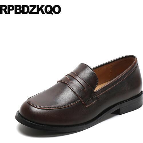 Women wide fit shoes ladies chinese japanese school black round toe designer slip on brown flats loafers british style shallow