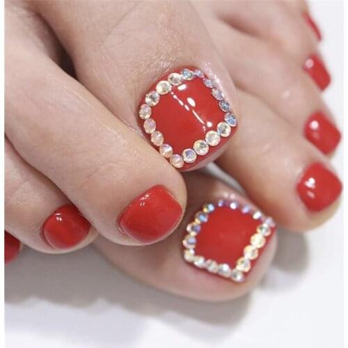 Bright red pure color with colorful diamond edge 3d false nails foe toe Summer cute toe nails bride lady full nail tips
