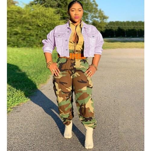 Womens Lapel Denim Jacket Sexy Purple Long Sleeve Casual Cropped Jean Outwear 2021 Autumn Safari Coat Streetwear