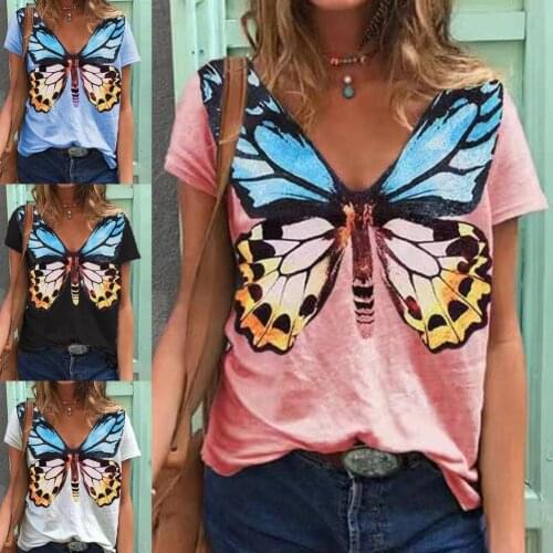 Women T Shirt Top 2021 Plus Size Short Sleeve Breathable Butterfly Printed O-Neck T-shirt Tops Tee Summer Womens Clothing