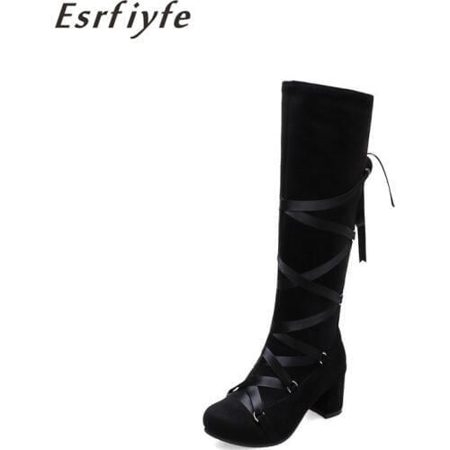 ESRFIYFE 2020 New Womens Boots Winter Cross Strap Snow Knee High Bootie Cowboy Warm Shoes Leather Fashion Ladies Boots Shoes