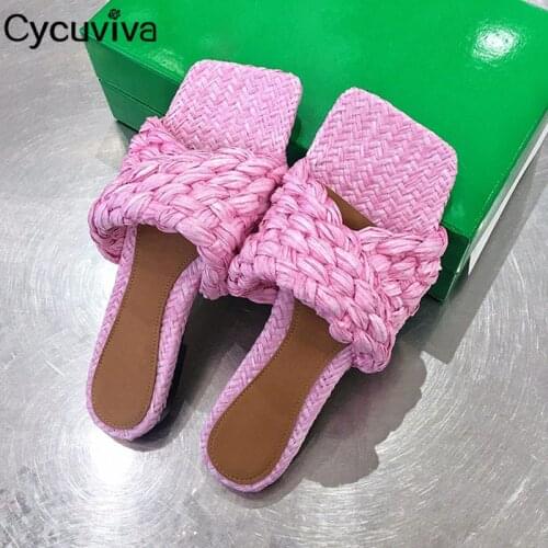 2021 New Summer Women Slippers Turn Over Weave Slides Ladies Mules Square Toe Flat Beach Shoes Woman Sandalias Mujer