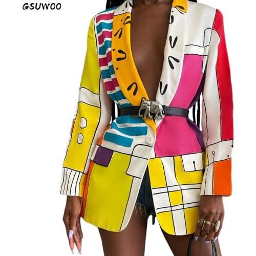 Gsuwoo Women Fashion Print Button Blazer Jacket Autumn Spring Lady Casual Long Sleeve Color Contrast Lapel Neck Slim Fit Blazers