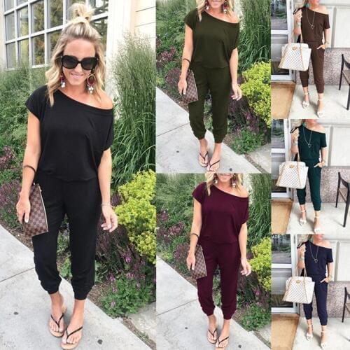 2019Spring Summer Fashion Women Slant Shoulder Casual Pocket Jumpsuit Short Sleeve New Solid Bodysuits Women Shorts Rompers 834
