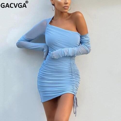 GACVGA Sexy Bodycon Dress 2021 Ruched Mesh Long Sleeve Backless Black Pink Party Clubwear Autumn Spring Mini Dresses