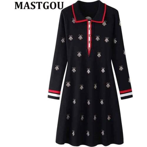 MASTGOU Embroidery Women Polo Dress Striped Office Lady Women A Line Dresses Work Party Female Knitted Sweater Dress Vestidos
