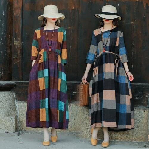 2021 New Arrival Fashion Plaid Vintage Spring Summer Dress Linen Cotton Prairie Chic Dress Women Holiday Travel Casual Dress