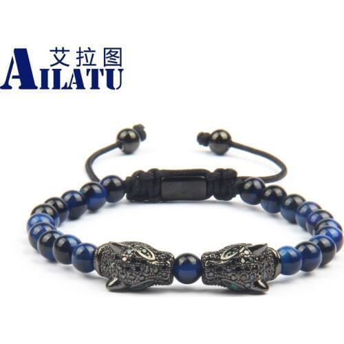 Ailatu Luxury Men' s Double Panther Head Bracelet with 6mm Natural Tiger Eye Stone Beads Couples Leopard Hand-Made Rope Jewelry