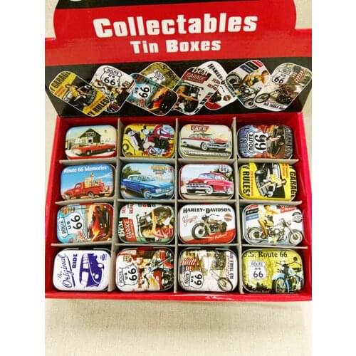 Free Shipping!32pcs/box Vintage Style Mini Tin Box Metal Coin Saver Jewerly Case Pill case 16 designs Candy Box Route 66