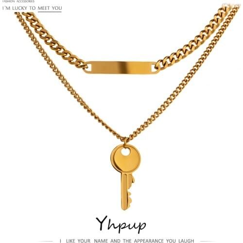 Yhpup Minimalist Stainless Steel key Layered Pendant Necklace Jewelry Charm Metal 18 K Plated Chain Choker Statement Necklace