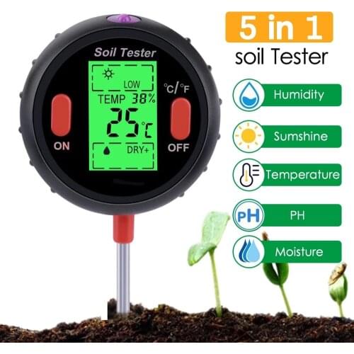 5in1 Digital Soil pH Meter Moisture Meter PH Levels Temperature Sunlight Intensity Humidity Tester Large Backlit LCD Display