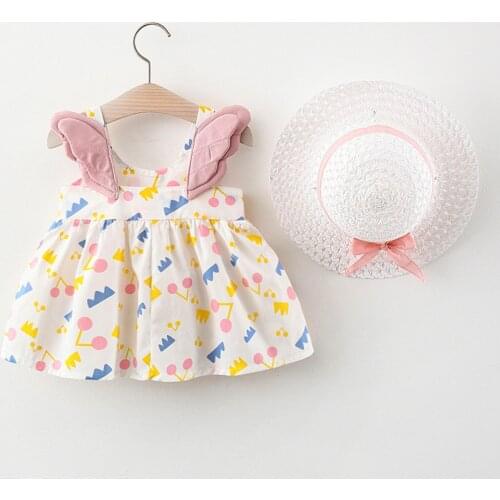 Summer Toddler Infant Baby Kids Girls Sleeveless Wings Cute Floral Printed Beach Party Princess Dress Sundress + Hat Clothes#p4