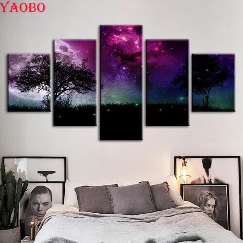 DIY Diamond Painting Tree Starry Landscape Diamond Embroidery 5 Pcs Cross Stitch Rhinestone Pictures Full Square Diamond Mosaic