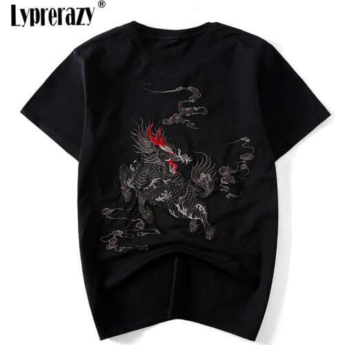 Lyprerazy Chinese Style Dragon Kirin Embroidery Tees Shirts Fashion Streetwear Hip Hop Casual Short Sleeve Mens Tshirts