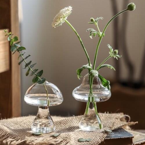 Ins Style Japan Fresh Mini Mushroom Glass Vase Decoration Hydroponic Transparent Dining Table Small Vase Flower Vase Terrarium