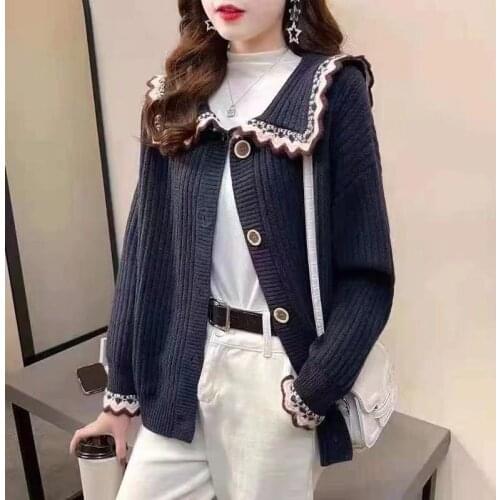 Red ladies sweater jacket spring and autumn 2021 new Korean version of loose long-sleeved doll collar knitted cardigan top