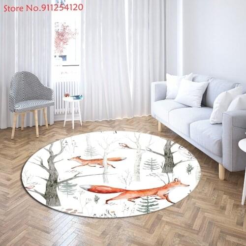 Round Carpet Fox Animals Cartoon Bedroom Rugs Forest Tree Modern Decor Table Mats Kid Sitting Carpet Anti Slip Bathroom Rugs