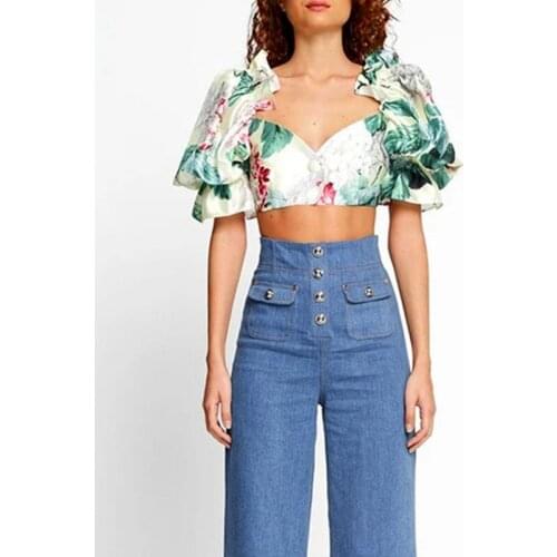 Summer Fashion Casual Patchwork Print Puff Sleeve Chest-Wrapped Navel Slim Short Top Women Nightclub Club Sexy Tops