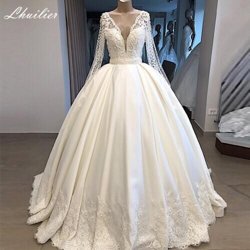 Lhuillier A-line V-neck Beaded Satin Wedding Dresses 2020 Floor Length Full Sleeves Illusion Back Bridal Dress with Belt