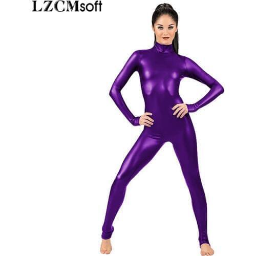 LZCMsoft Women Long Sleeve Metallic Unitards Adults Shiny Full Ballet Gymnastics Catsuits Dancewear Spandex Unitards Stage Show