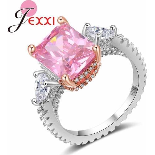 Sweet Wedding Bridal Jewelry Top Quality Real 925 Sterling Silver Ring Shiny Square Pink Cubic Zircon Bijoux for Women