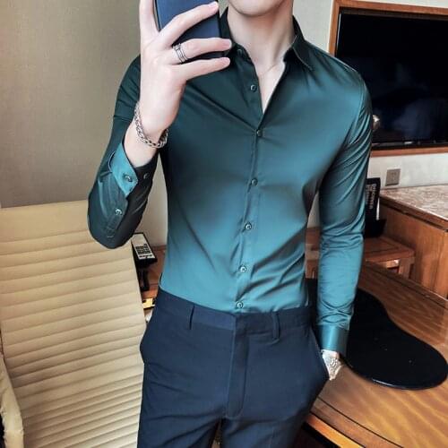 Plus Size 4XL-M Autumn Winter New Long Sleeve Solid Men Dress Shirts Simple Slim Fit Casual Business Formal Wear Tuxedo 5Colors