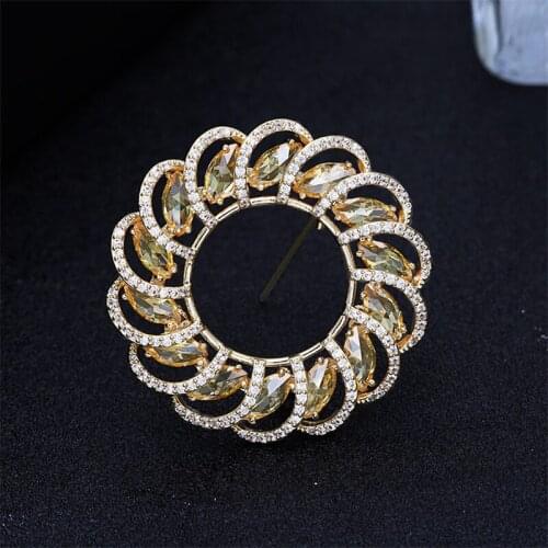 OKILY Trend Cubic Zircon Accessories for Women Round Brooch Pins Wedding Flower Brooches Bridal Bouquet Dress Scarf Jewelry