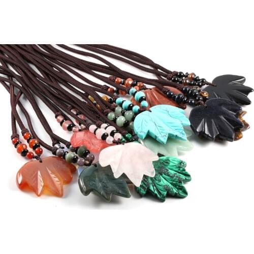 Wholesale Natural Stone Pendant Maple Leaf Necklace Female Long Chain Jewelry Fashion Agates Crystal Charms Necklaces for Women