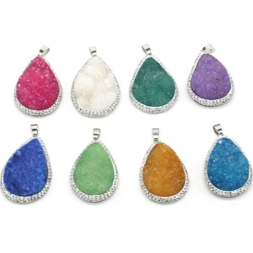 Natural Crystal Stone Pendant Waterdrop Shape Shiny Dyed Druzy Agates Quartz Cluster Stone Charm for DIY Jewelry Making Necklace