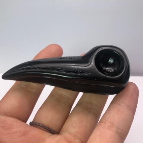 Natural Hand-carved Black obsidian raven skull mineral crystal Bird head statue Animal room decoration