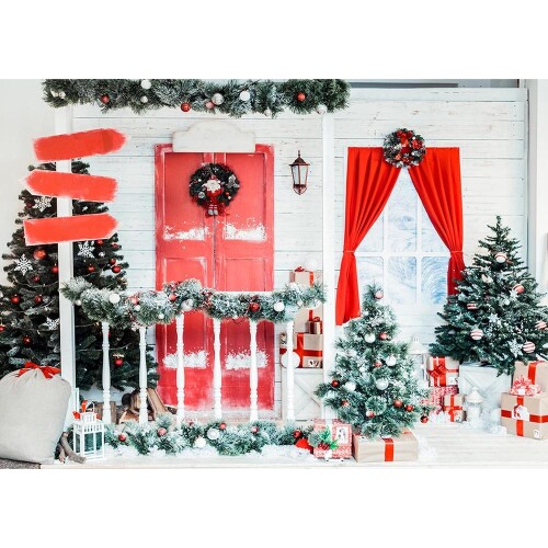 Christmas Trees Red Wooden Door Gifts Photography Backdrop Custom Background for Family Children Party Photophone Photo Studio