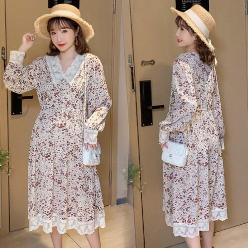 665# Maternity Clothes Spring Autumn V Neck Floral Dress Long Sleeves Easy Matching Loose Stylish Dress Pregnant Women Mom Dress