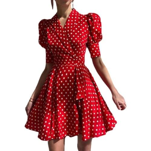 Spring and Autumn Retro High Waist Polka Dot Dress V-neck Short Sleeve Lace-up Short Dress Maxi Dresses for Women White Dress