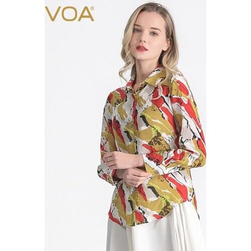 VOA White Background Yellow Red Black Blooming Lapel Single-breasted Long-sleeved Autumn Commuter 100% Silk Shirt BG20