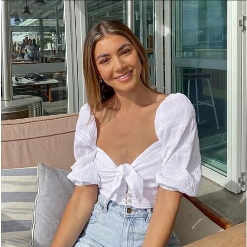 Women´s Bowknot Puff Sleeve White T-shirt Fashion Sexy Off Shoulder Square Neck Cropped Top Solid Color Ladies Slim Top