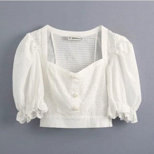 2020 New Women Chic Elegant Tops Hollow Out Patchwork Casual Slim White Blouse Ladies Back Elastic Short Shirts