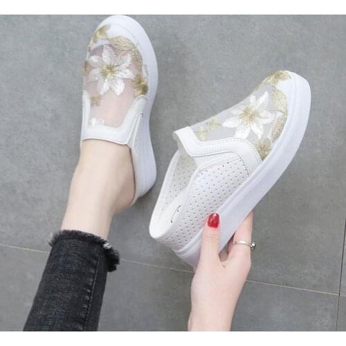 Women Mesh+PU Casual Shoes Flat Platform Wedges Shoes Women Breathable Sneakers Open Heel Backless Loafers Shoes slippers 2021