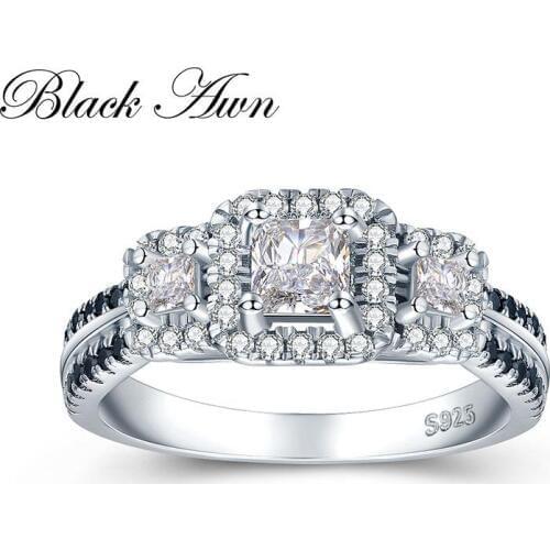 [BLACK AWN] 3.7g 925 Sterling Silver Jewelry Black&White Stone Wedding Rings for Women Engagement Ring Femme Bijoux Bague C430