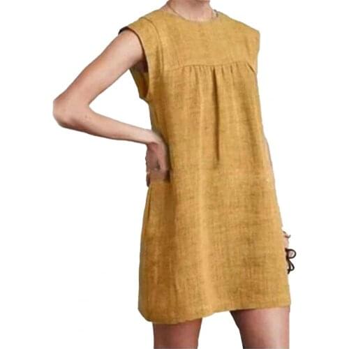 Women Midi Dress Solid Color Round Neck Women Loose Sleeveless Patchwork Dress for Dating 2021 Summer Beach Short Dresses