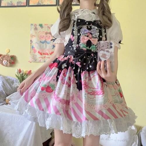 Japanese Girly Lolita Jsk Dress Women Soft Sweet Uniform Princess Kawaii Cute Bow Cosplay Costume Summer Slash Neck Straps Dress