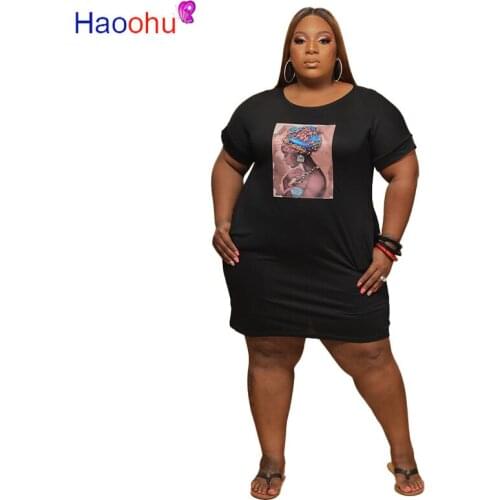 HAOOHU Women Plus Size XL-5XL Character Print Splicing Short Sleeve O-neck Casual Dress Fashion Knee Length Dresses Vestidos