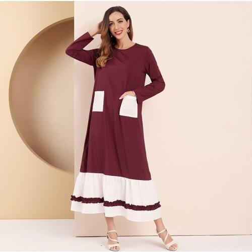 Womens Casual Dress Two Tone Ruffle O Neck Long Sleeve Pockets Loose Dress